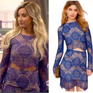 For Love and Lemons Grace Sapphire Blue Lace Long Sleeve Crop Top and skirt XS